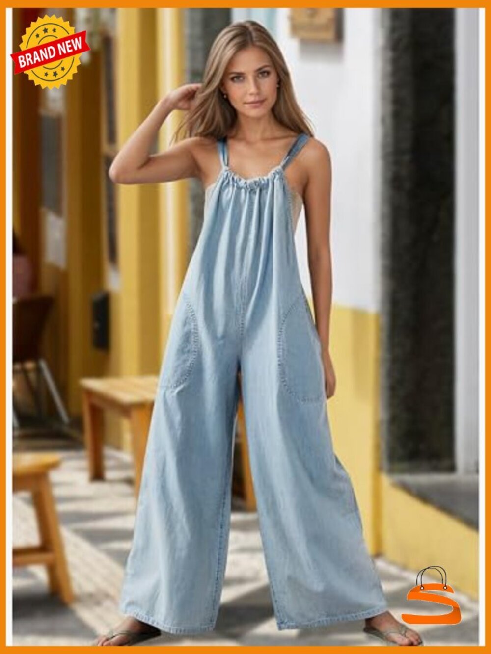 Slouchy Denim Overalls Wide Leg Jumpsuit Adjustable Tie Back Backless - Picture 2 of 7